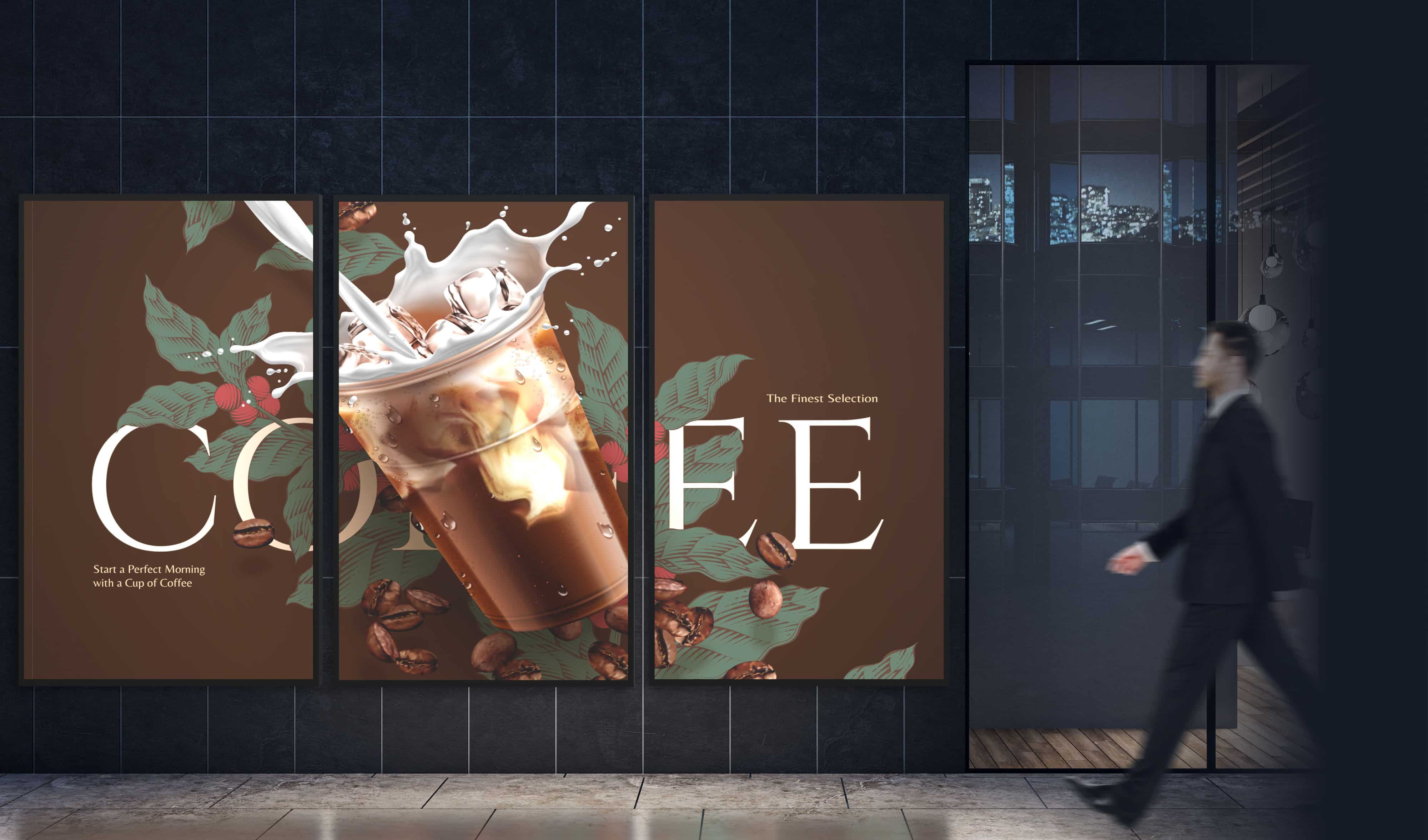 Osoba przechodzi obok digital signage składającego się z trzech wyświetlaczy serii N, wyświetlających jedną reklamę napoju kawowego na trzech wyświetlaczach.